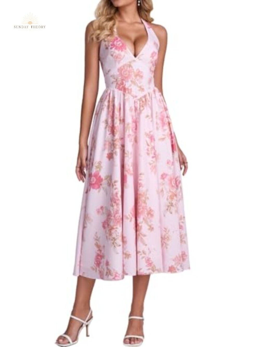 Halter Neck Midi Dress Fit & Flare Smocked Backless Sleeveless Summer Party